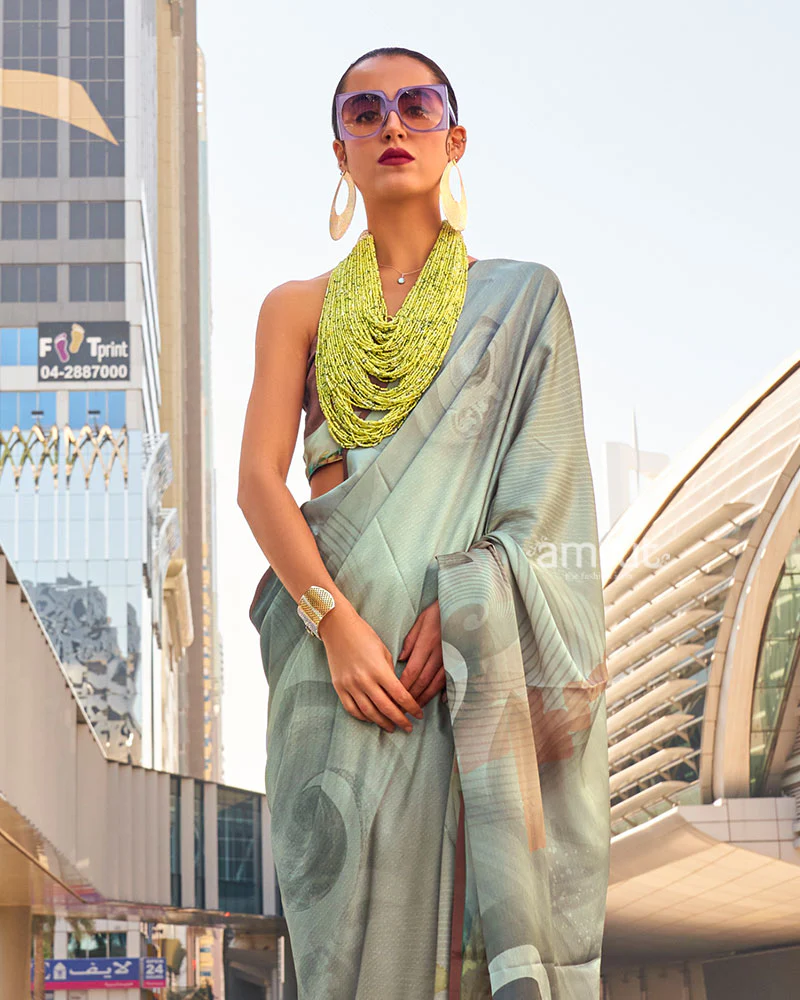 Light Grey Digital Print Satin Saree with Unstitched Blouse - Image 2