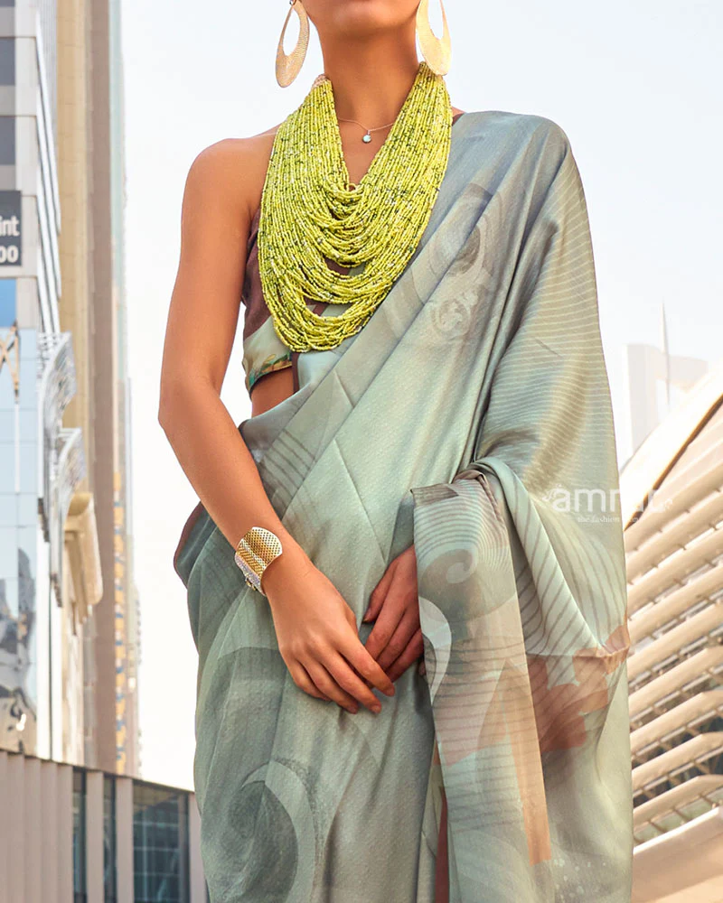 Light Grey Digital Print Satin Saree with Unstitched Blouse - Image 3