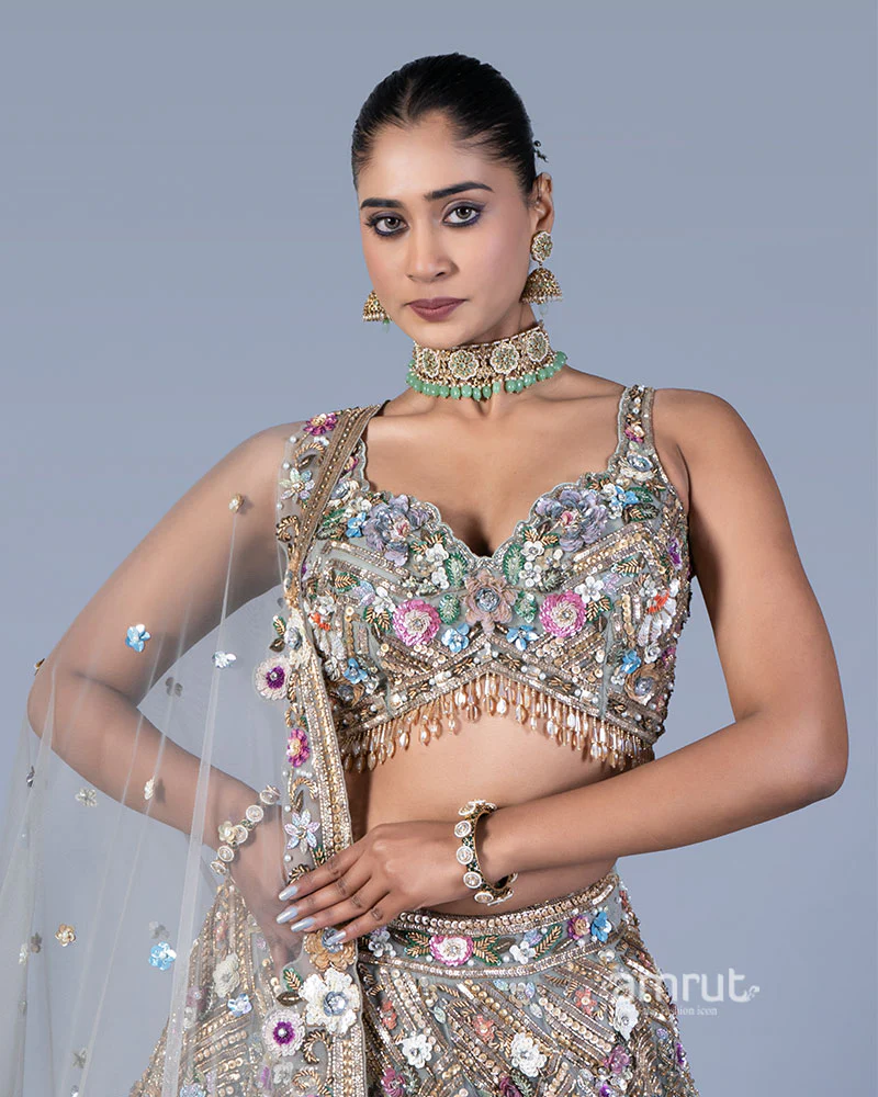Light Grey Embellished Lehenga Choli Set with Net Dupatta - Image 2