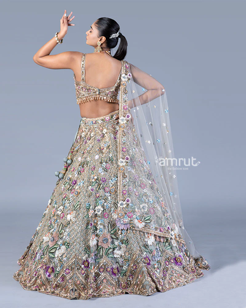 Light Grey Embellished Lehenga Choli Set with Net Dupatta - Image 4