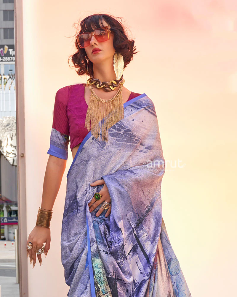 Light Lavender Digital Print Satin Saree with Unstitched Blouse - Image 2