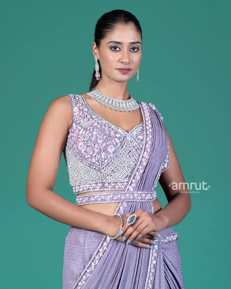 Light Lavender Ready-to-Wear Saree with Embellished V-Neck Blouse - Image 2