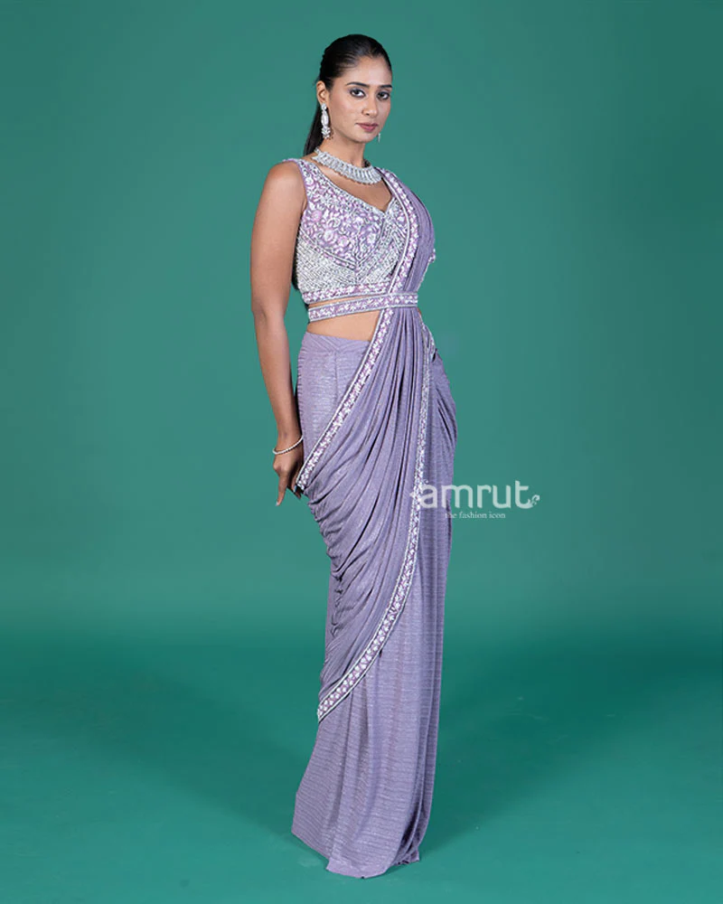 Light Lavender Ready-to-Wear Saree with Embellished V-Neck Blouse - Image 4