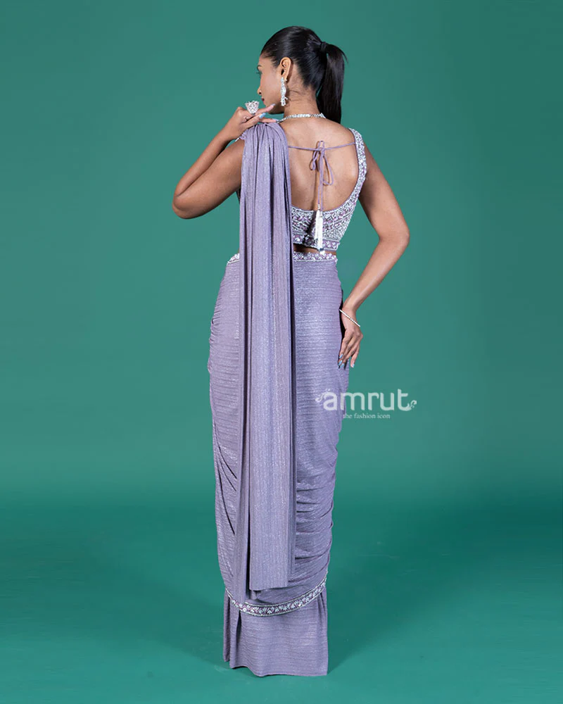 Light Lavender Ready-to-Wear Saree with Embellished V-Neck Blouse - Image 5