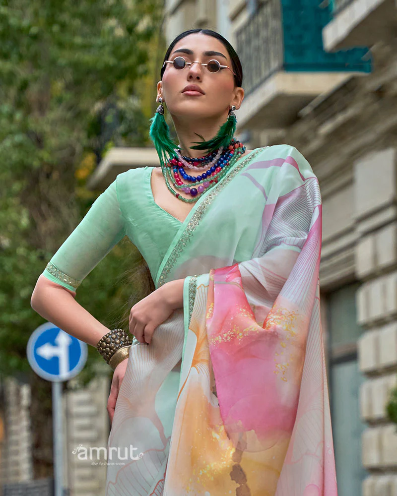 Light Mint Green Saree with Vibrant Floral Bouquet Print and Unstitched Blouse - Image 2
