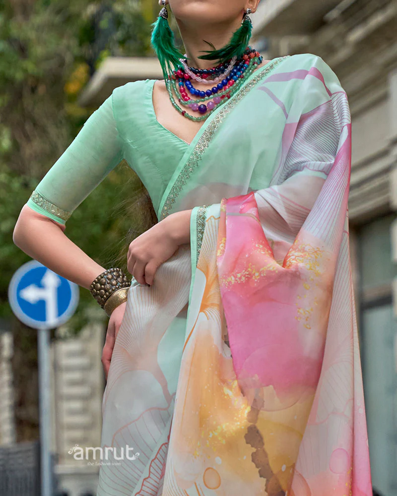 Light Mint Green Saree with Vibrant Floral Bouquet Print and Unstitched Blouse - Image 3