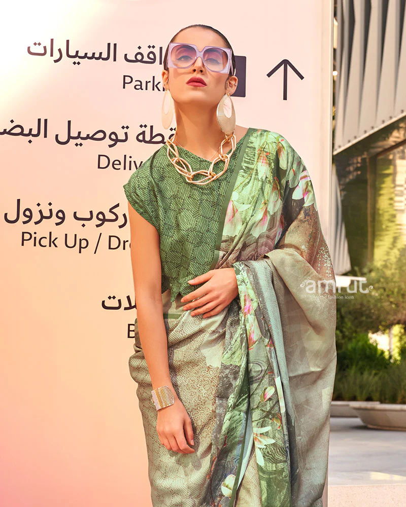 Light Olive Green Digital Print Satin Saree with Unstitched Blouse - Image 2