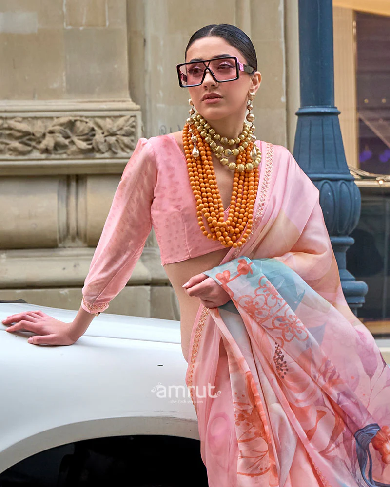 Light Peach Printed Saree with Embellished Border and Unstitched Blouse - Image 2