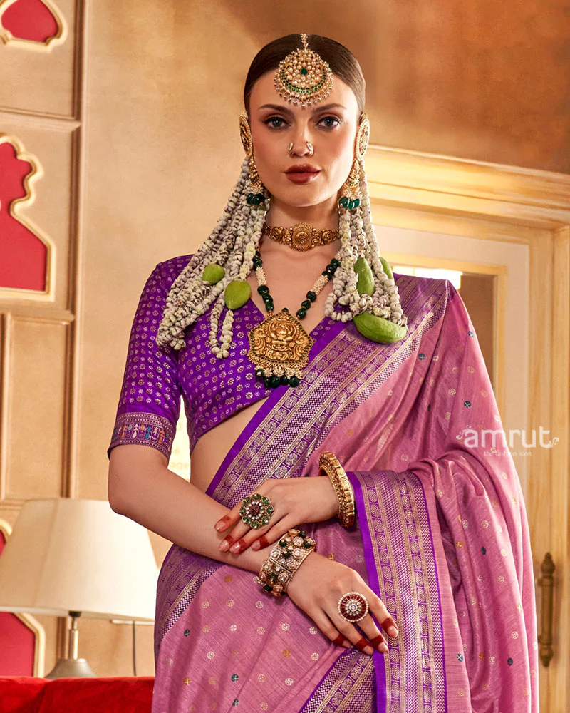 Light Pink and Purple Foil Printed Patola Saree with Unstitched Blouse - Image 2