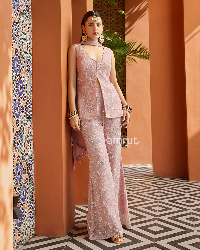 Light Pink Beads Embroidered Palazzo Suit - Image 4