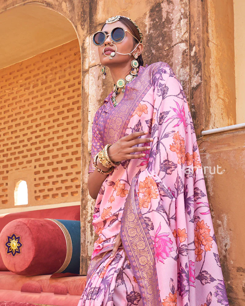 Light Pink Floral Printed Silk Saree with Unstitched Blouse - Image 2