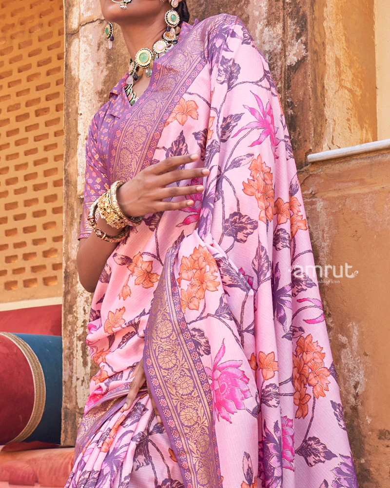 Light Pink Floral Printed Silk Saree with Unstitched Blouse - Image 3