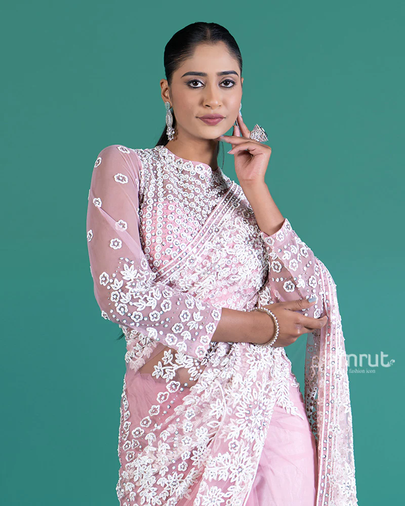 Light Pinkish-Rose Net Saree with White Embroidery and Beaded Long Sleeve Blouse - Image 2