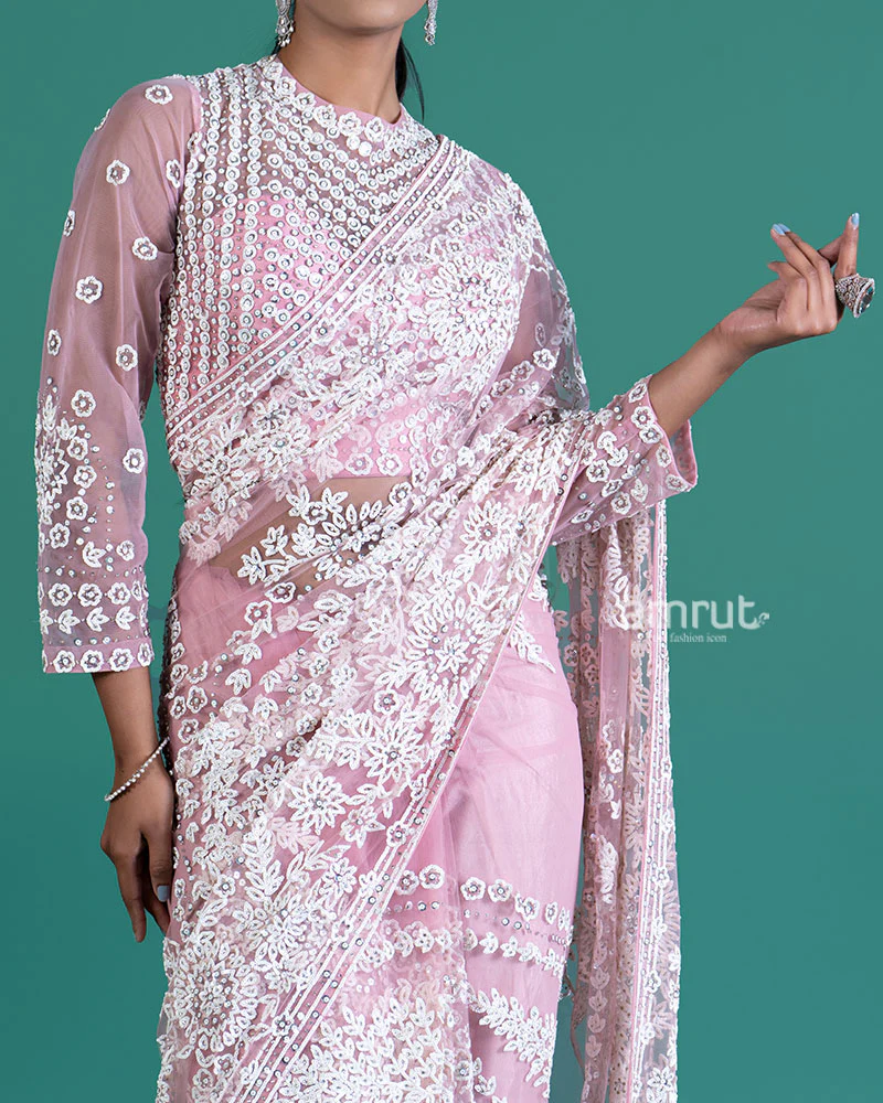 Light Pinkish-Rose Net Saree with White Embroidery and Beaded Long Sleeve Blouse - Image 3