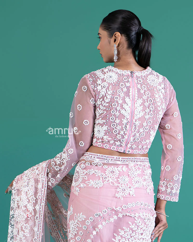 Light Pinkish-Rose Net Saree with White Embroidery and Beaded Long Sleeve Blouse - Image 4