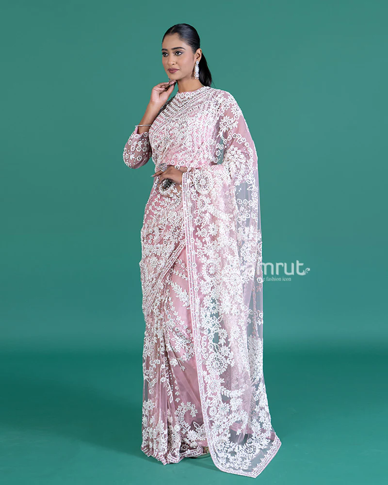 Light Pinkish-Rose Net Saree with White Embroidery and Beaded Long Sleeve Blouse - Image 5