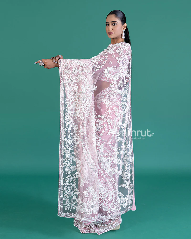Light Pinkish-Rose Net Saree with White Embroidery and Beaded Long Sleeve Blouse - Image 6