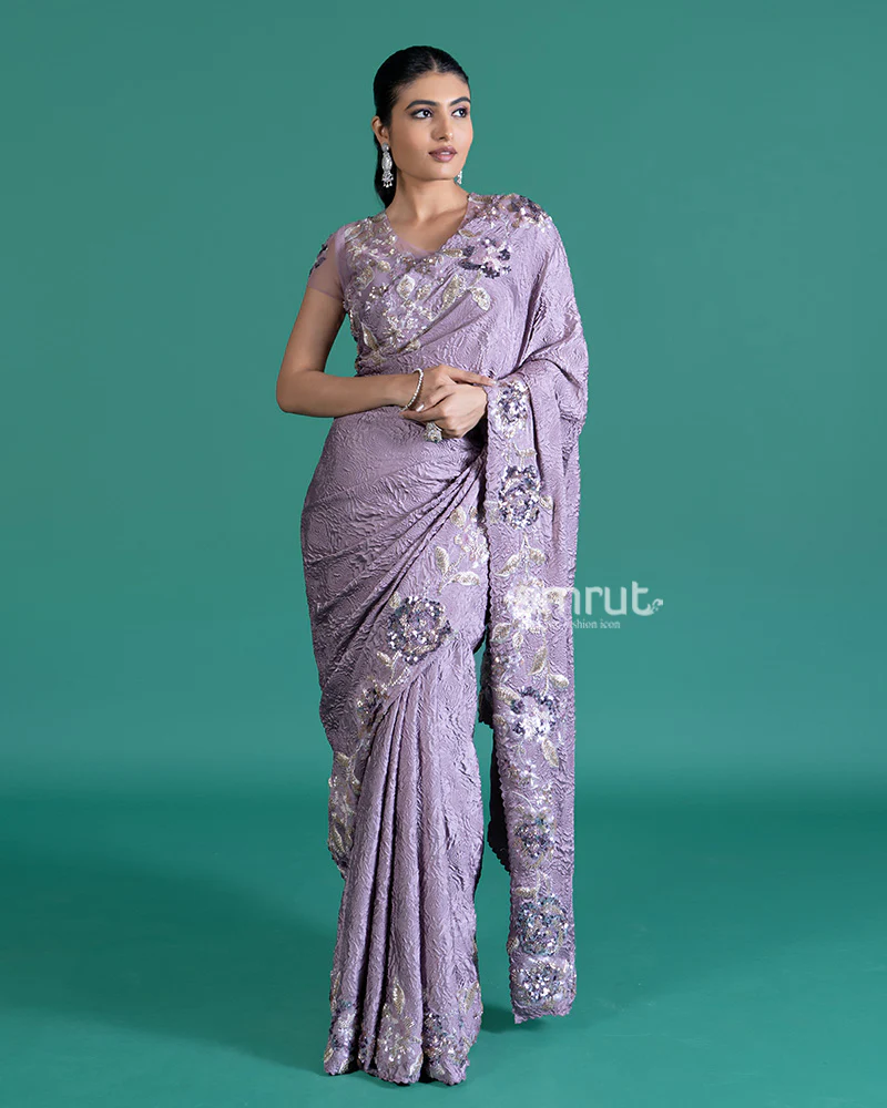 Light Purple Crepe Saree with Stitched Blouse - Image 2