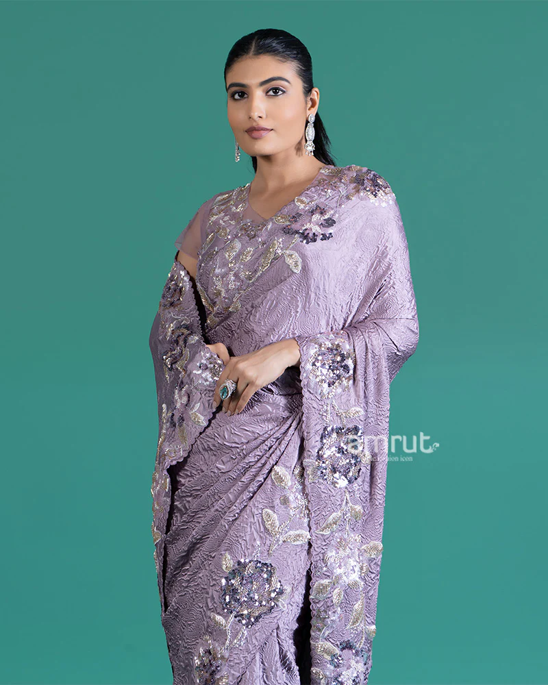 Light Purple Crepe Saree with Stitched Blouse - Image 3