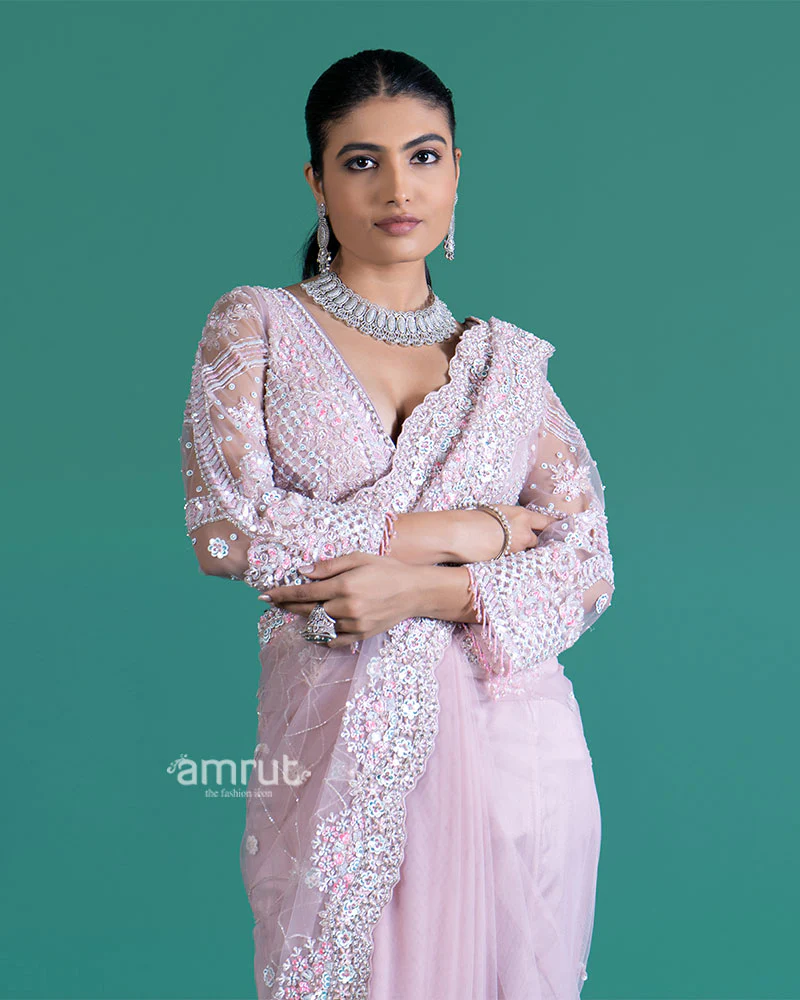 Light Purple Embellished Net Saree with Heavily Embroidered Blouse - Image 2