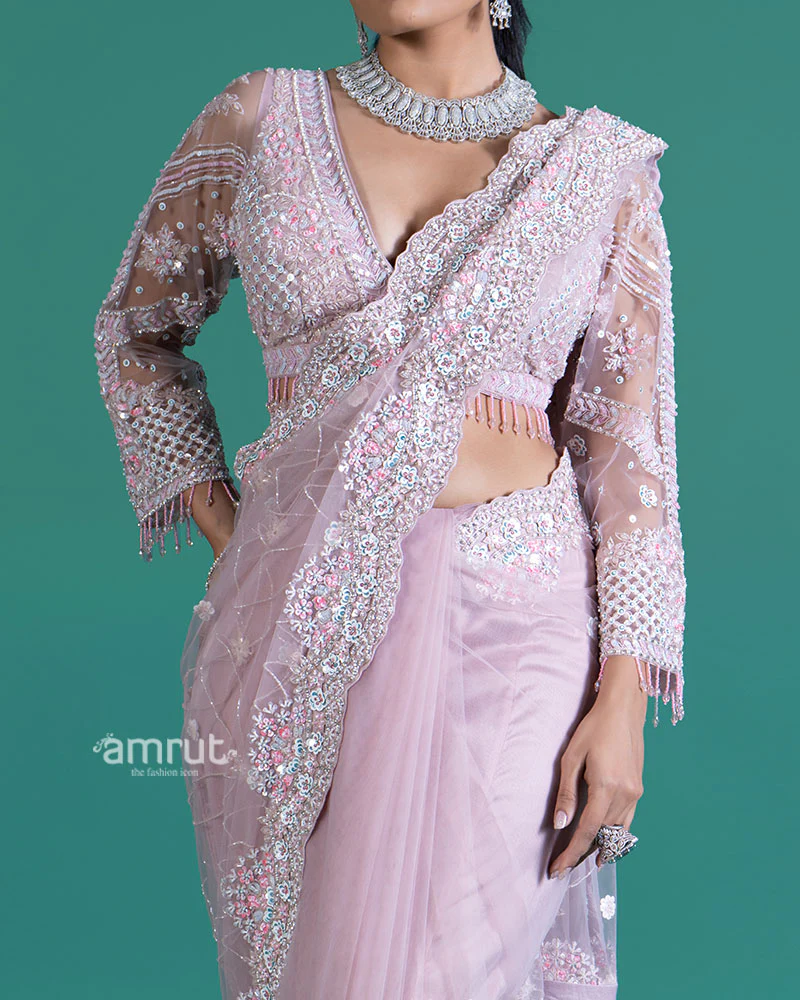 Light Purple Embellished Net Saree with Heavily Embroidered Blouse - Image 3