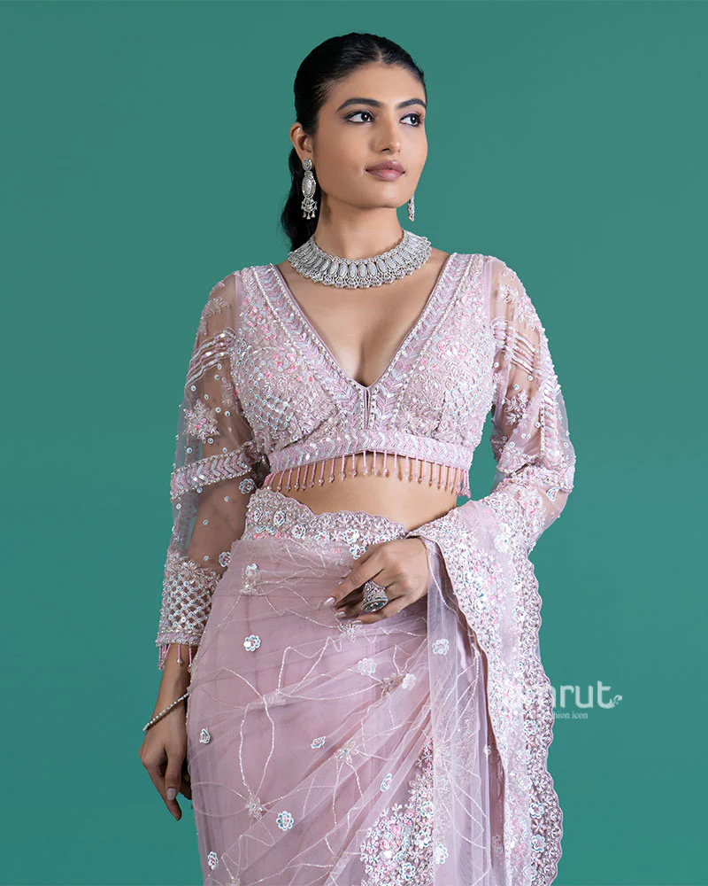 Light Purple Embellished Net Saree with Heavily Embroidered Blouse - Image 4