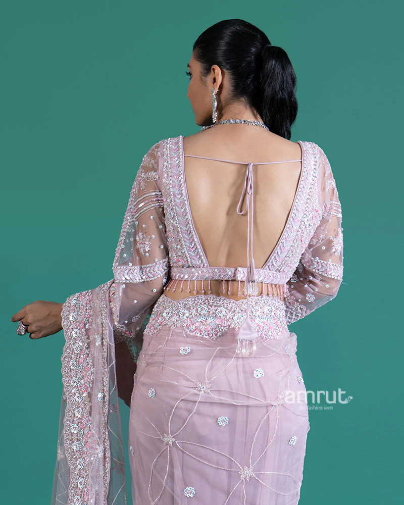 Light Purple Embellished Net Saree with Heavily Embroidered Blouse - Image 5
