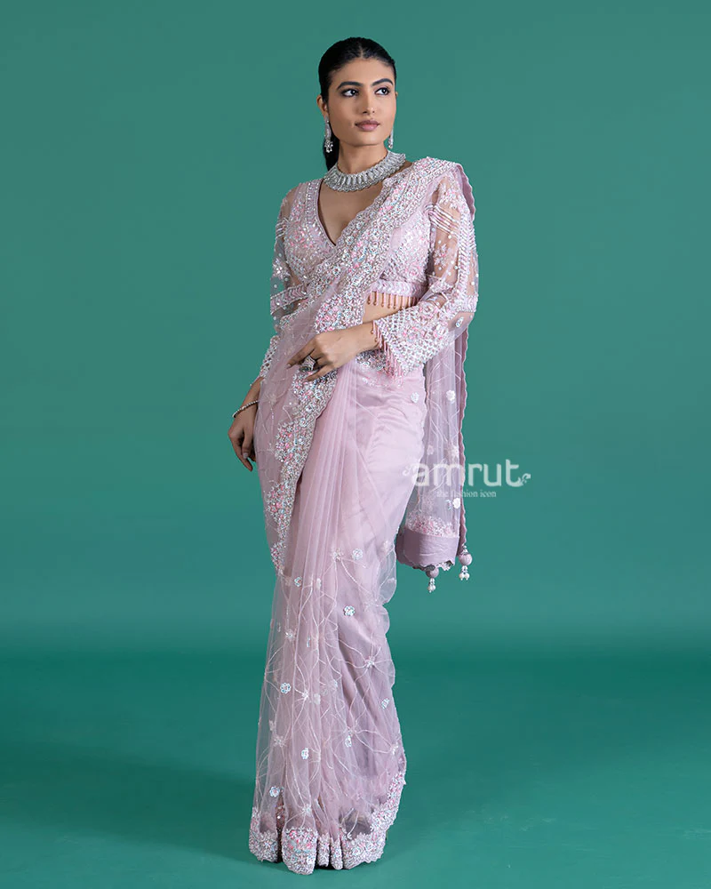 Light Purple Embellished Net Saree with Heavily Embroidered Blouse - Image 6