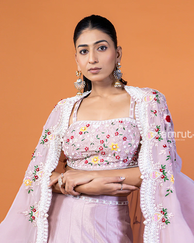 Light Purple Embroidered Lehenga Choli and Shrug Style Floral Lace Dupatta - Image 2