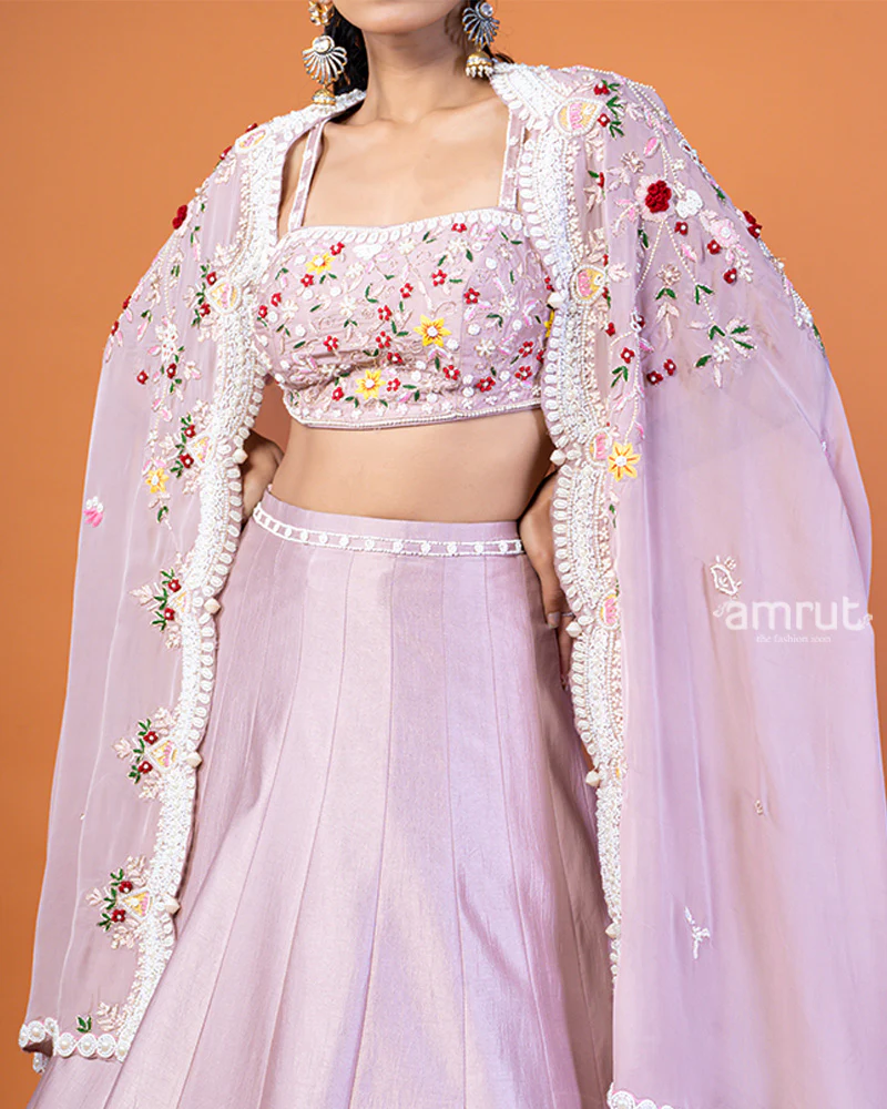 Light Purple Embroidered Lehenga Choli and Shrug Style Floral Lace Dupatta - Image 3