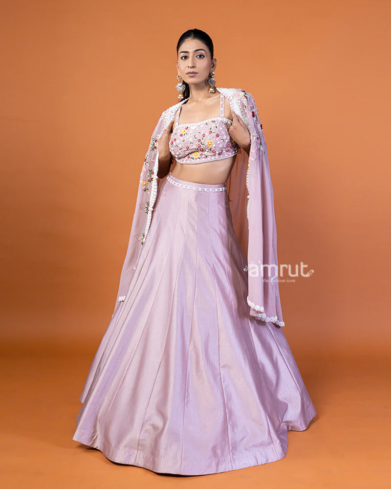 Light Purple Embroidered Lehenga Choli and Shrug Style Floral Lace Dupatta - Image 4