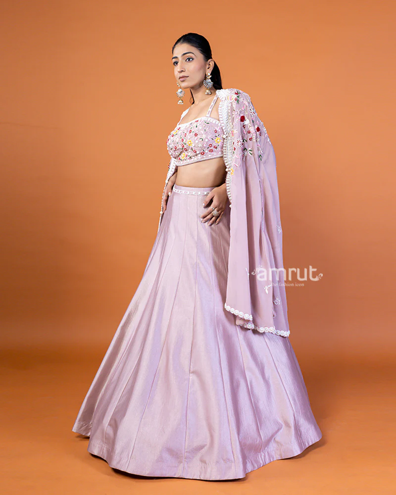 Light Purple Embroidered Lehenga Choli and Shrug Style Floral Lace Dupatta - Image 5