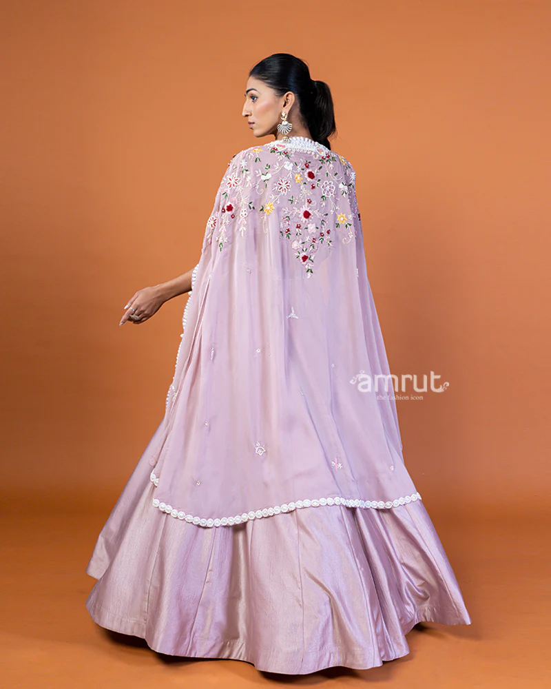 Light Purple Embroidered Lehenga Choli and Shrug Style Floral Lace Dupatta - Image 6
