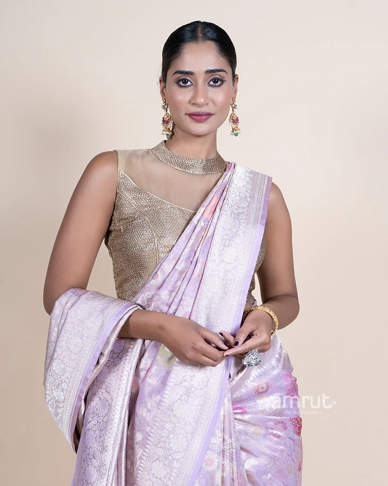 Light Purple Patola Print Zari Woven Silk Saree with Unstitched Blouse - Image 2