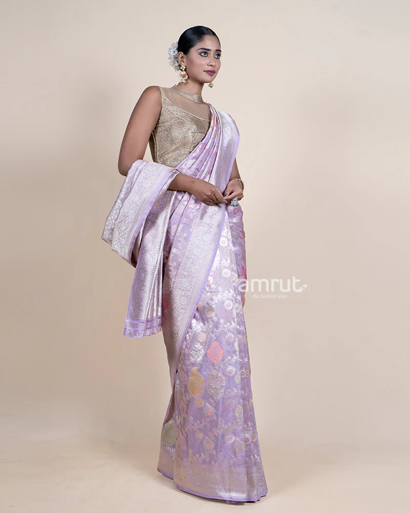 Light Purple Patola Print Zari Woven Silk Saree with Unstitched Blouse - Image 4