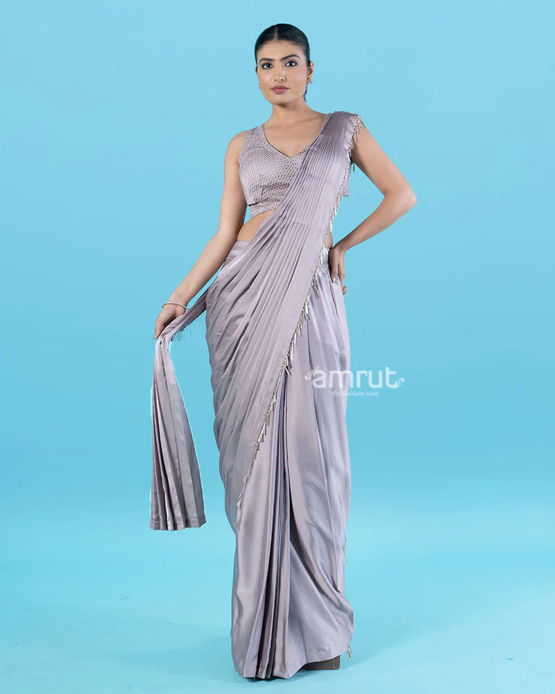 Light Purple Ready-to-Wear Saree with Beaded Fringe Border and Sequined Blouse - Image 4