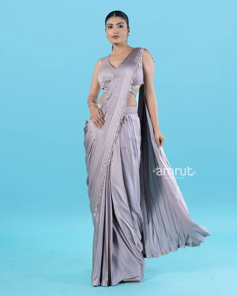 Light Purple Ready-to-Wear Saree with Beaded Fringe Border and Sequined Blouse - Image 5