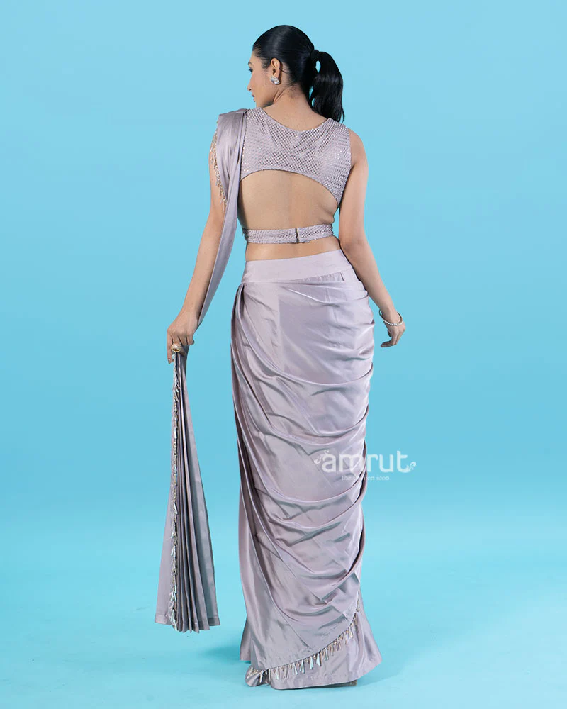 Light Purple Ready-to-Wear Saree with Beaded Fringe Border and Sequined Blouse - Image 6