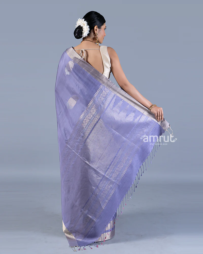 Light Purple with Golden Zari Leaf Patterns and Geometric Motifs Saree with unstitched blouse - Image 5