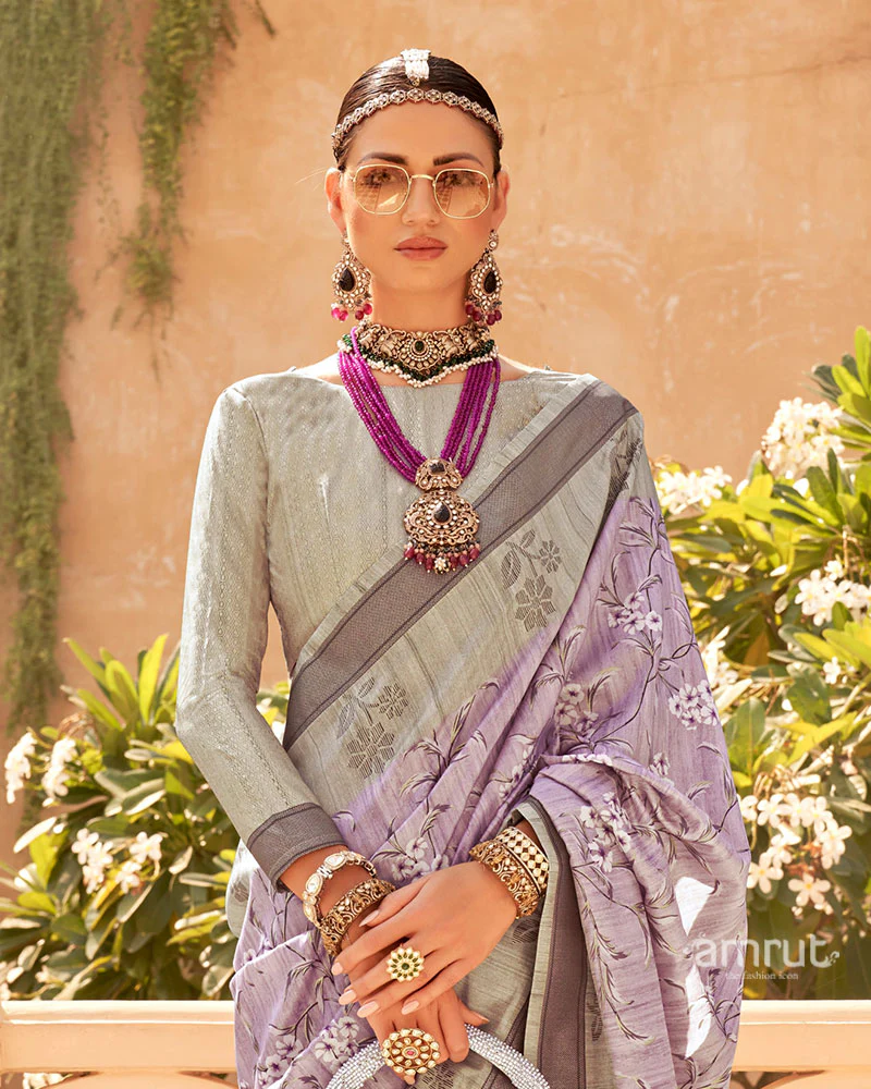 Light Purple with Light Brown Border Printed Saree and Unstitched Blouse - Image 2