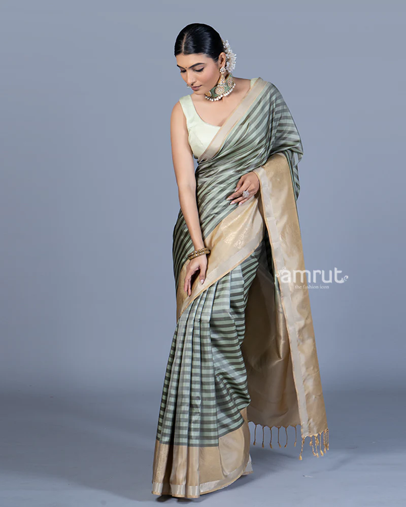 Light Sage Green and Beige Striped Saree with Unstitched Blouse - Image 4