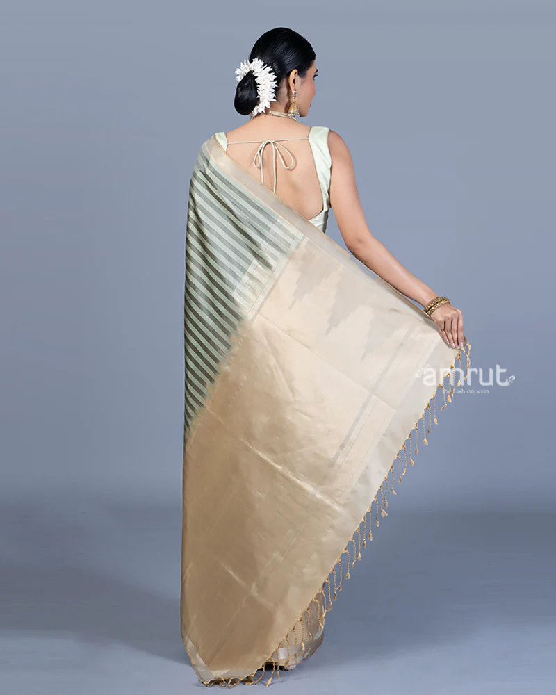 Light Sage Green and Beige Striped Saree with Unstitched Blouse - Image 5