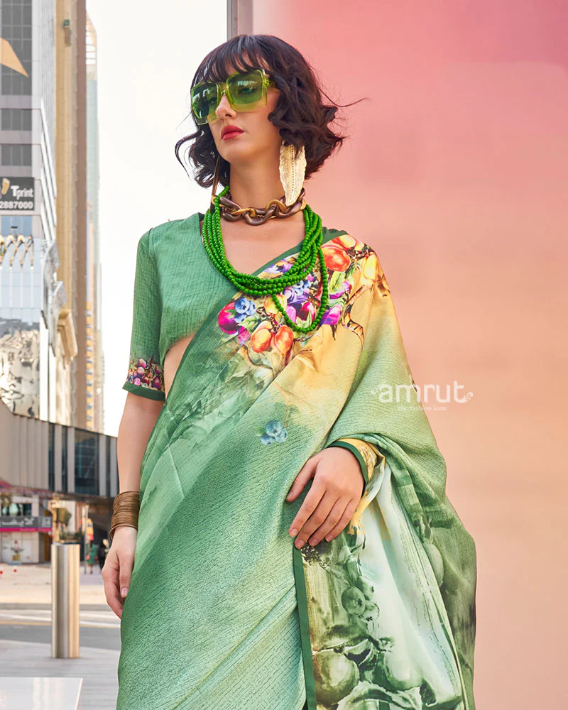 Light Sage Green Digital Print Satin Saree with Unstitched Blouse - Image 2