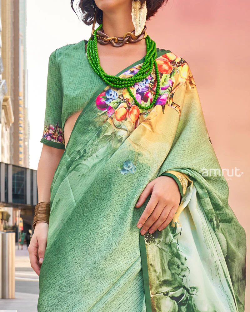 Light Sage Green Digital Print Satin Saree with Unstitched Blouse - Image 3
