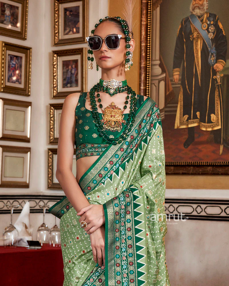 Light Sage Green with Teal Floral Motifs Printed Border Saree and Unstitched Blouse - Image 2