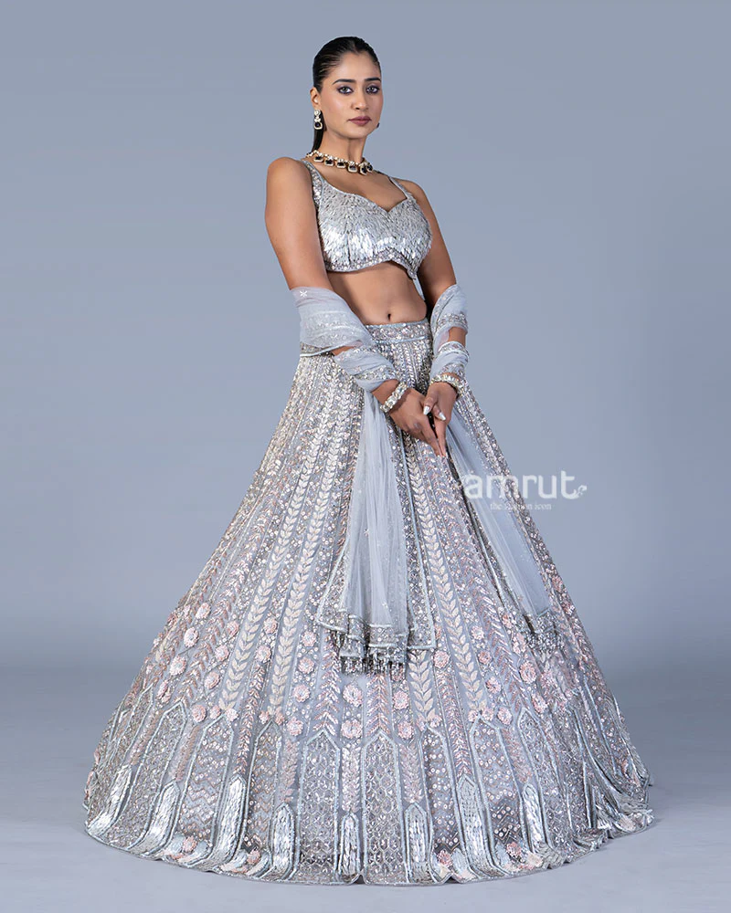 Light Silver Sequin Embellished Lehenga Choli - Image 4