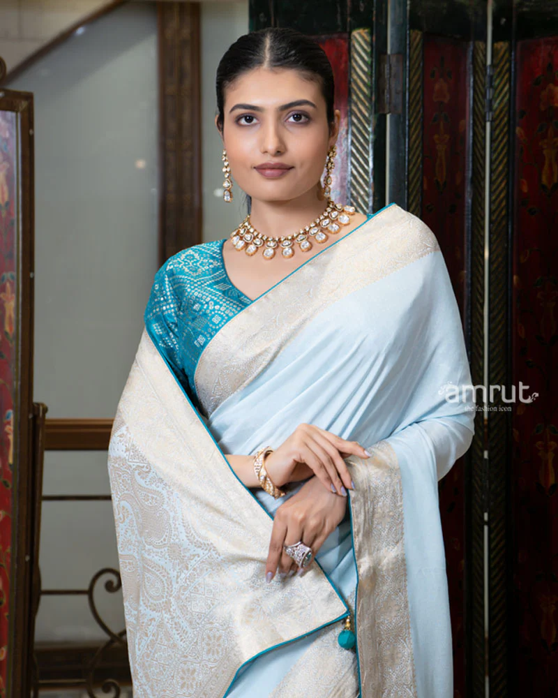 Light Sky-Blue Zari Woven Silk Saree with Embroidered Blouse - Image 2