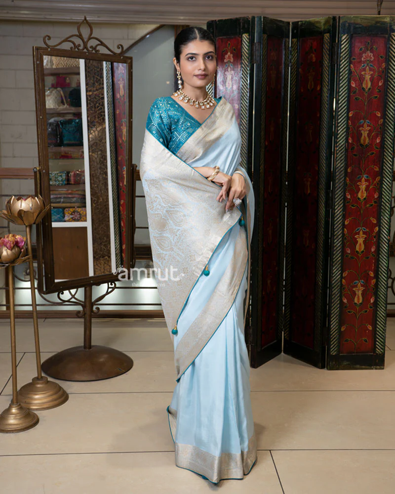 Light Sky-Blue Zari Woven Silk Saree with Embroidered Blouse - Image 5