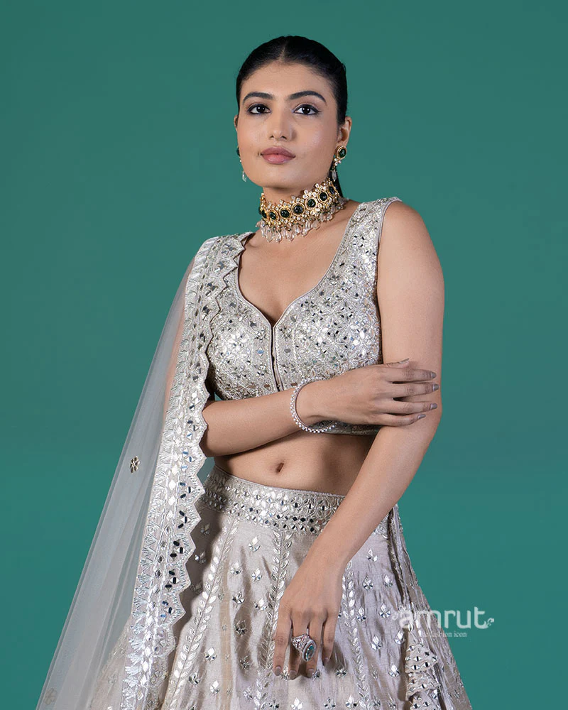 Light Taupe Embellished Lehenga Choli with Dupatta - Image 2