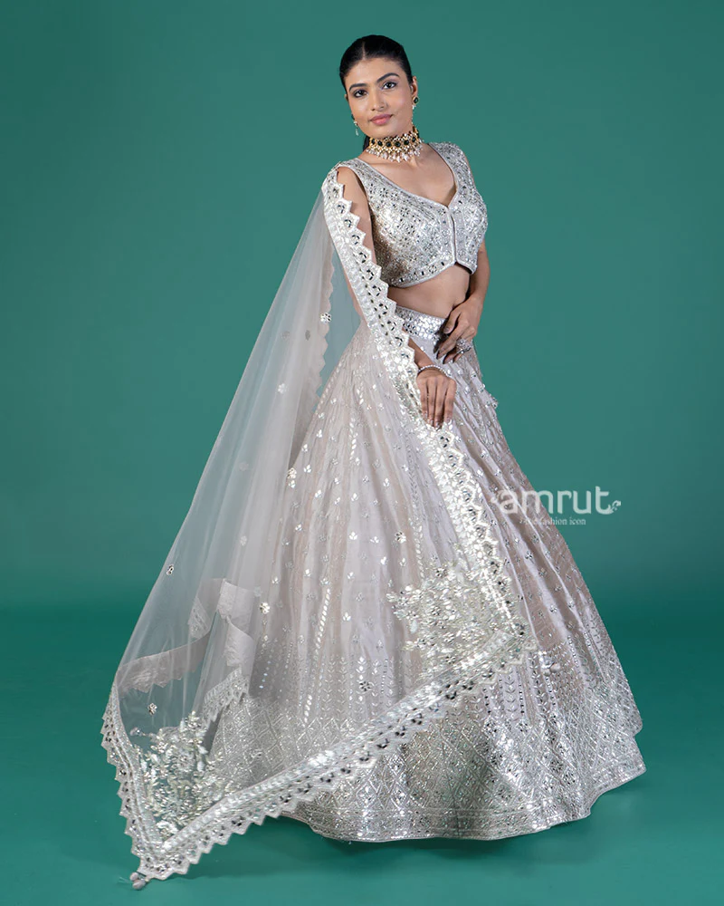 Light Taupe Embellished Lehenga Choli with Dupatta - Image 4